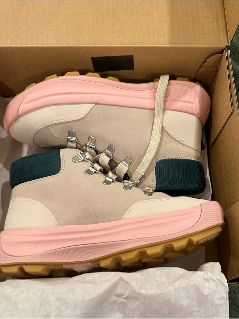 Sorel Women's Cream and Pink Lace-Up Hiking Boots with Teal Accent